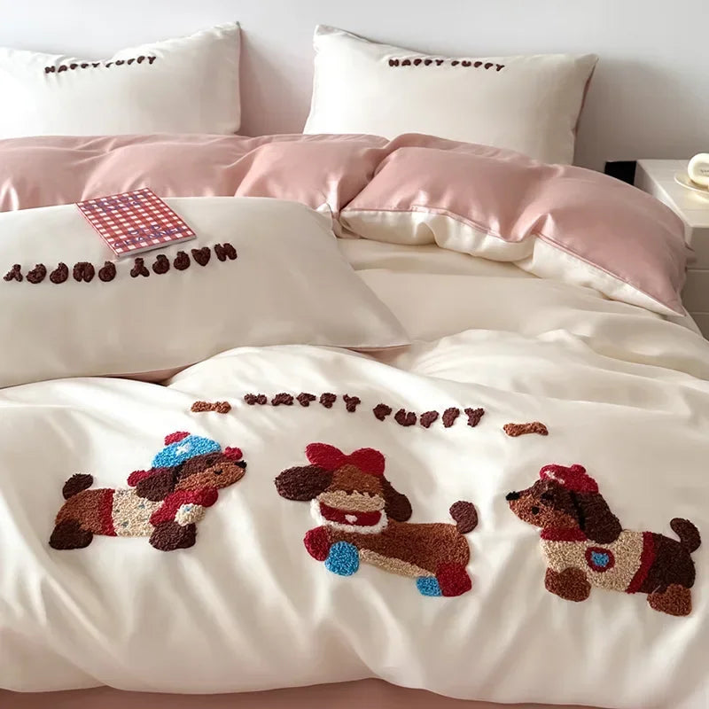 DecorBites™ Cartoon Embroidery Cotton Bedding Set - Summer Cool, Skin Friendly Flat Sheet Kit