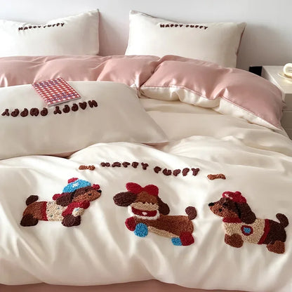 DecorBites™ Cartoon Embroidery Cotton Bedding Set - Summer Cool, Skin Friendly Flat Sheet Kit