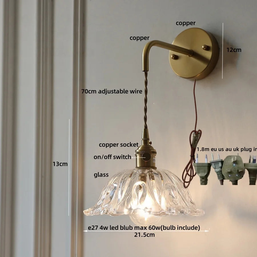 DecorBites™ Amber Glass LED Wall Sconce, Brass Finish, Adjustable Wire, Modern Nordic Style