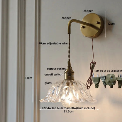 DecorBites™ Amber Glass LED Wall Sconce, Brass Finish, Adjustable Wire, Modern Nordic Style