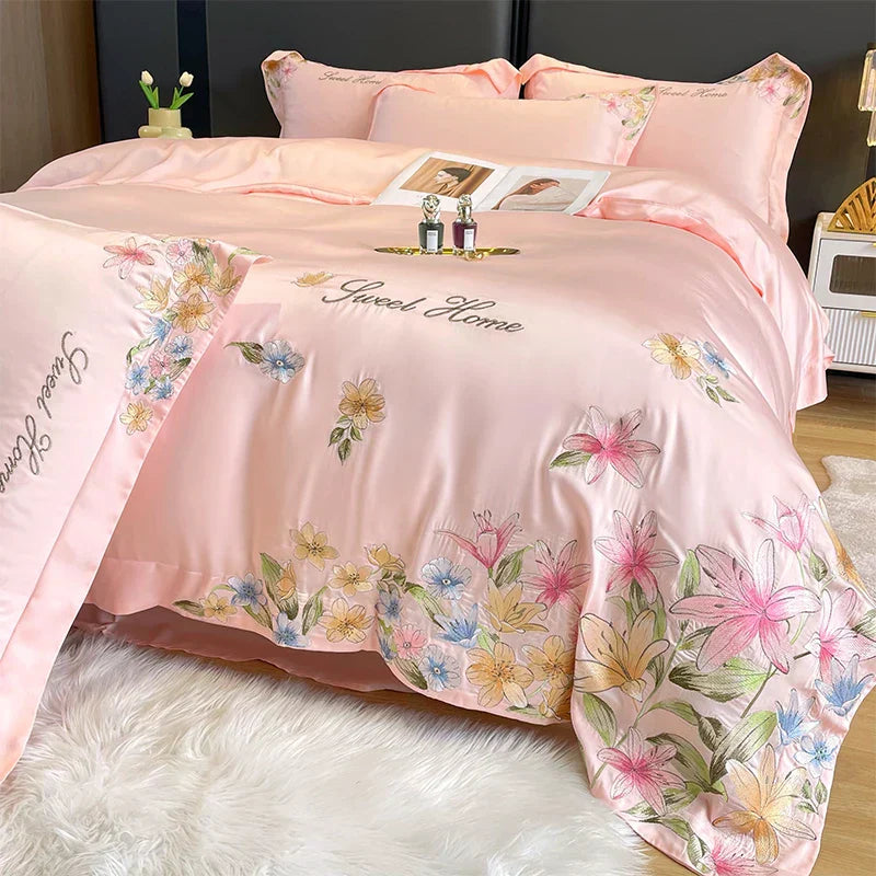 DecorBites™ Flowers Embroidery Silky Duvet Set with Comforter Cover & Fitted Sheet
