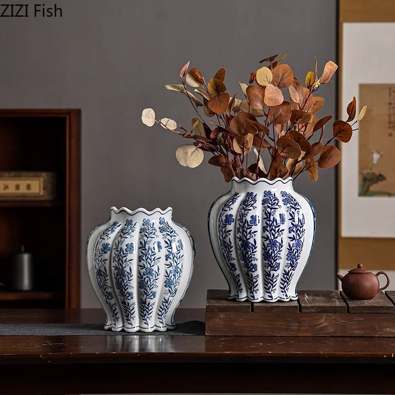 DecorBites™ Blue & White Porcelain Vase Desk Decor with Artificial Flowers