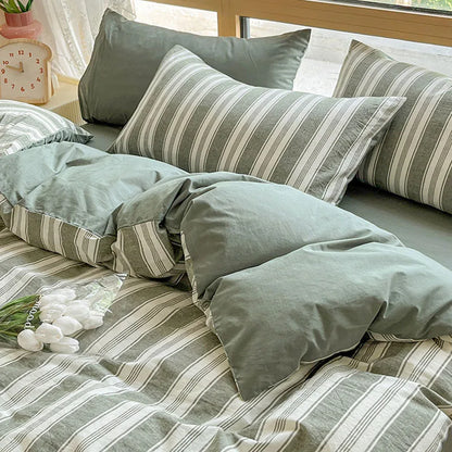 DecorBites™ Cotton Striped Bedding Set Yarn Dyed Washed Duvet Cover Single Bedclothes