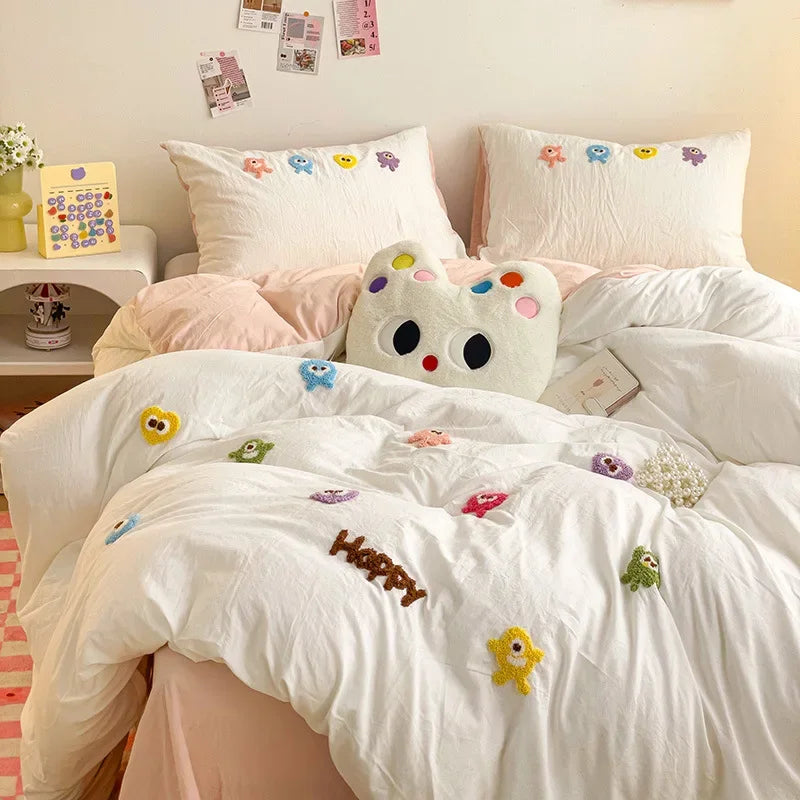DecorBites™ Cartoon Towel Embroidery Bedding Set in Soft Washed Cotton for Kids
