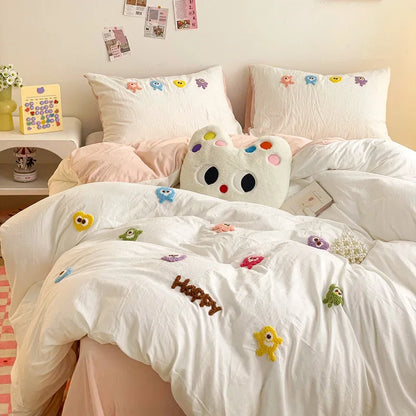 DecorBites™ Cartoon Towel Embroidery Bedding Set in Soft Washed Cotton for Kids