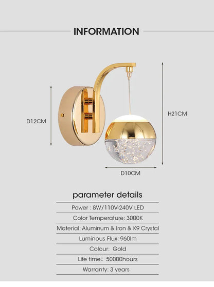 DecorBites™ Gold Crystal Bubble Wall Sconce Light for Home Bedroom Decor