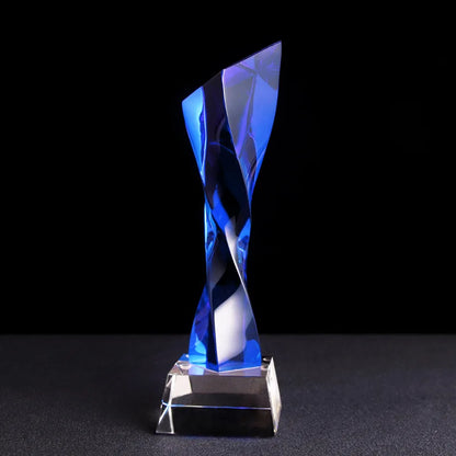 DecorBites™ Blue Glass Twisted Column Trophy - Customize Competition Prize
