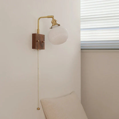 ™ Globe Ceramic Walnut Wood Wall Light with Pull Chain Switch and Rotatable Design