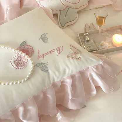 DecorBites™ Butterfly Flowers Lace Ruffles 4Pcs Bedding Set: Duvet Cover, Sheet, Pillowcases