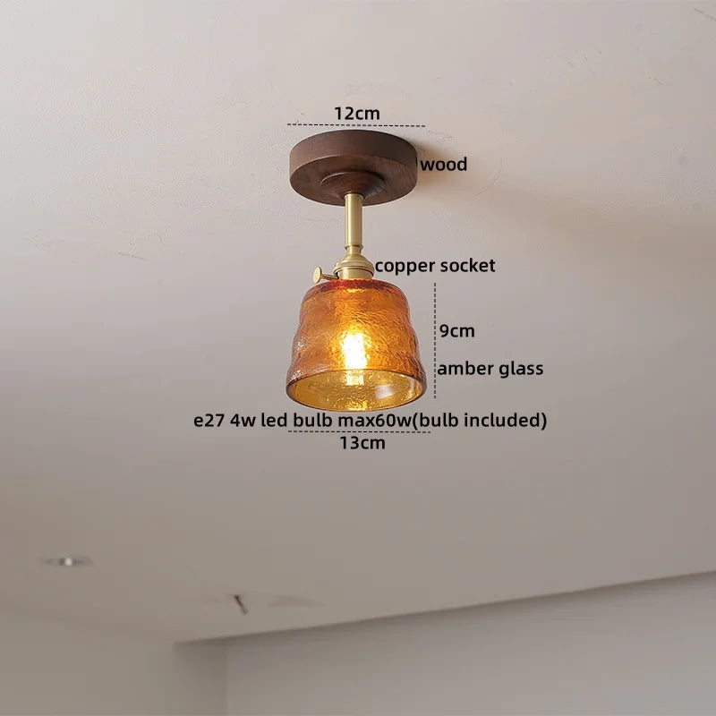 DecorBites™ Amber Glass LED Ceiling Light Modern Wood Canopy Kids Room Fixture