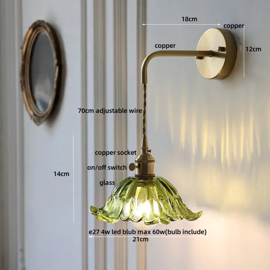 DecorBites™ Glass & Copper Green Flower LED Wall Sconce with Pull Chain