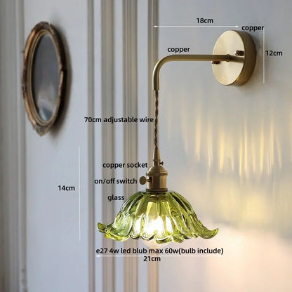 DecorBites™ Glass & Copper Green Flower LED Wall Sconce with Pull Chain