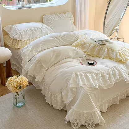 ™ Lace Ruffles Bedding Set in Pearl White Cream Yellow Princess Cotton