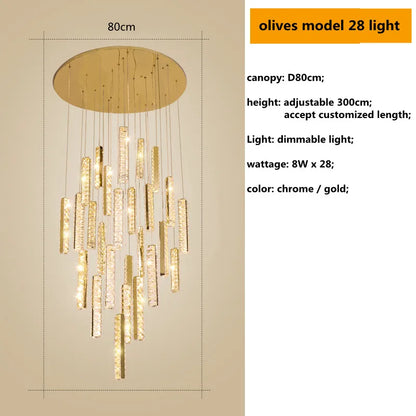 DecorBites™ Gold Chrome Steel Crystal Pendant Lights with Dimmable LED for Villa Stair