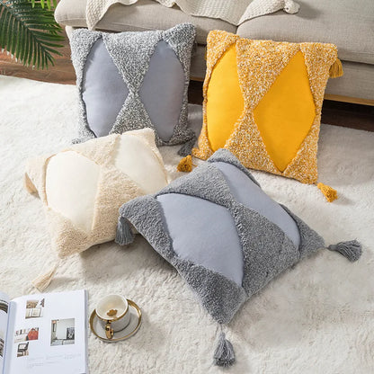DecorBites™ Boho Tufted Embroidered Cotton Canvas Cushion Cover Grey Beige Tassel Pillowcase