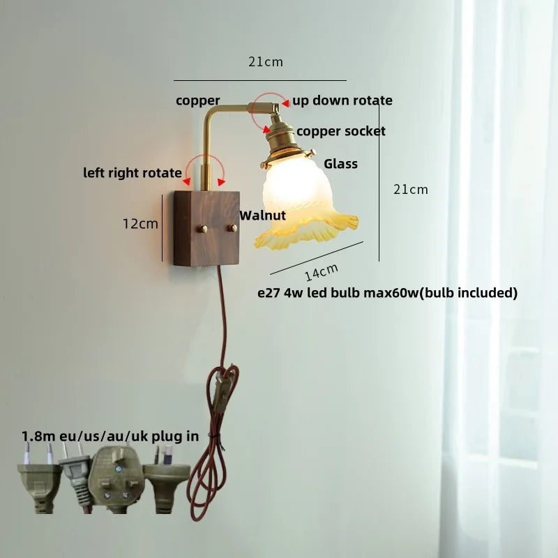 DecorBites™ Brass Walnut Wood LED Wall Sconce with Pull Chain Switch & Flower Glass