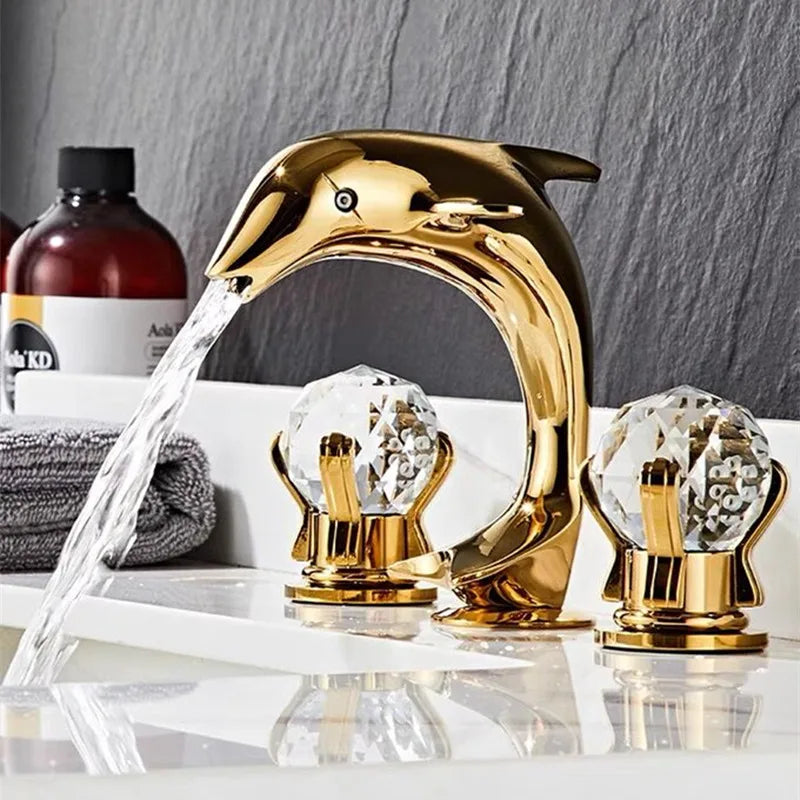 ™ Gold Basin Faucet: Brass Nickel Dolphin Bathroom Sink Faucet, 3 Hole Widespread