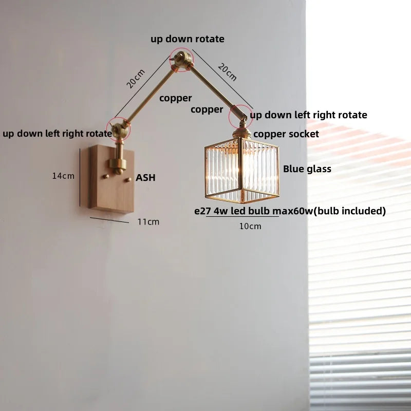 DecorBites™ Ash Wood LED Swing Arm Wall Light with Pull Chain Switch & Blue Glass