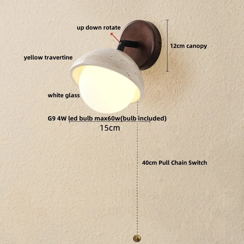 DecorBites™ LED Wall Sconce Yellow Travertine Stone Bedroom Study Cafe Wood Base Stair Light