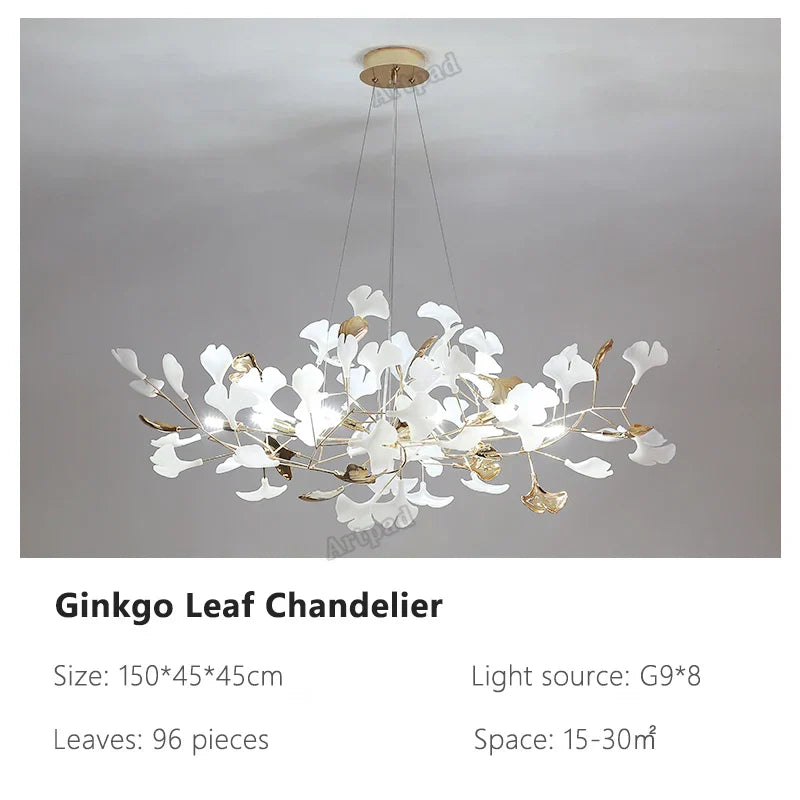 DecorBites™ Ginkgo Leaves Chandelier: Nordic Luxury Pendant Lamp for Hotel, Stairs, Living Room