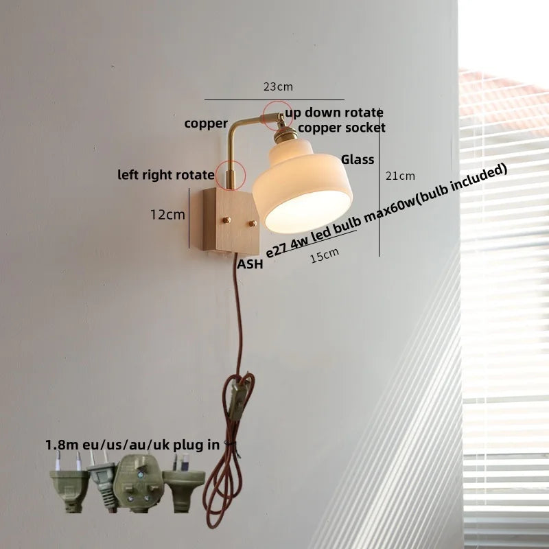 DecorBites™ Brass Walnut Wood LED Wall Sconce with Pull Chain Switch & Flower Glass