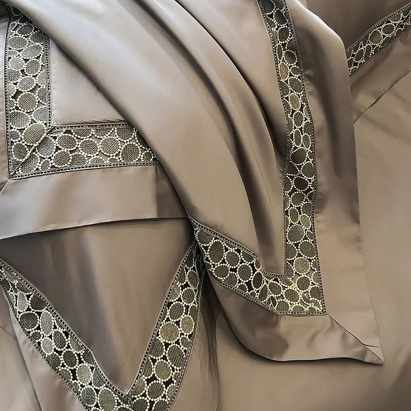 DecorBites™ Brown Lace Embroidery Bedding Set, 4Pcs, 1200TC Egyptian Cotton