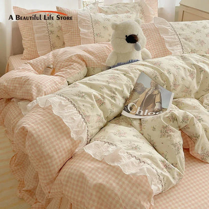 DecorBites™ Cotton Small Florals Princess Bedding Set - Queen Size - Duver Cover Bed Sheet Bed Skirt Pillowcases