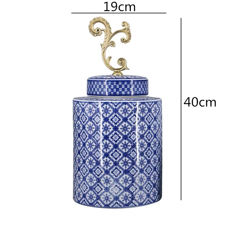 DecorBites™ Blue & White Porcelain Covered Vase Jar: Retro Chinese Home Decor Flower Arrangement & Organization