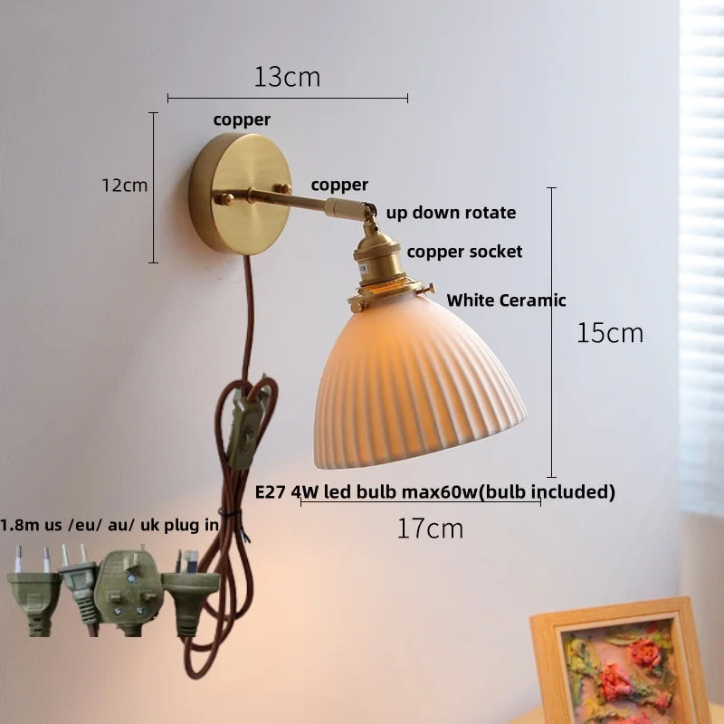 DecorBites™ Copper Canopy LED Wall Sconce, White Ceramic Bedside Light for Bedroom, Modern Nordic Design