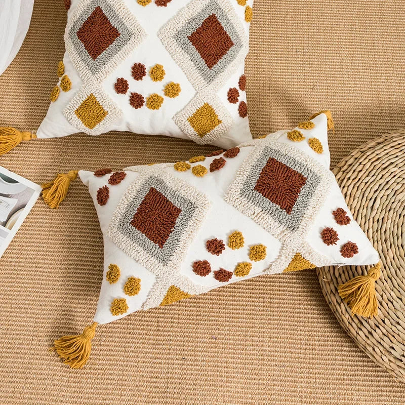 DecorBites™ Boho Loop Tufted Tassel Pillow Cover - Ethnic Embroidered Decorative Cushion