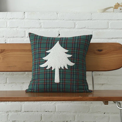 DecorBites™ Christmas Plaid Cotton Canvas Cushion Cover with Snowflake Embroidery