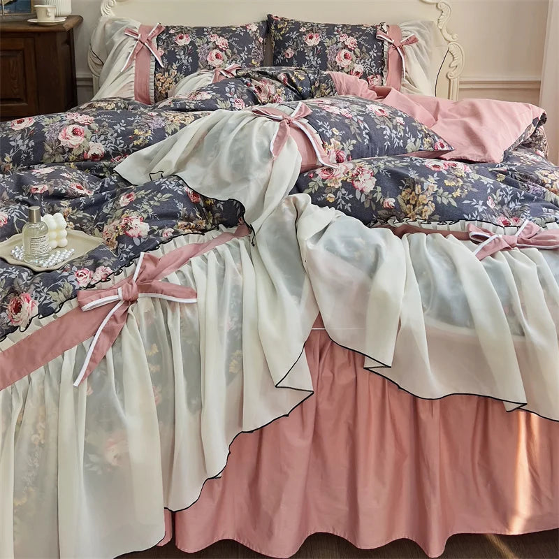 DecorBites™ Chiffon Lace Ruffles Princess Egyptian Cotton Bedding Set