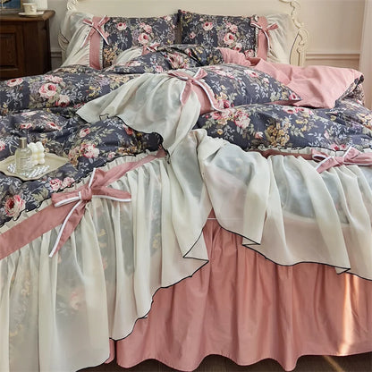 DecorBites™ Chiffon Lace Ruffles Princess Egyptian Cotton Bedding Set