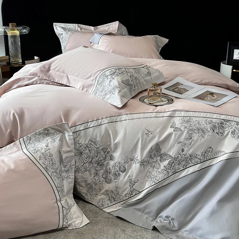 ™ Luxe Butterfly Flowers Embroidery Bedding Set with Duvet Cover Sheet Pillowcases 4Pcs
