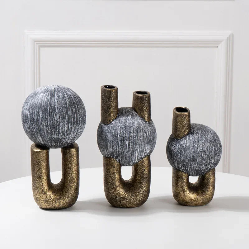 DecorBites™ Golden Stripe Geometric Ceramic Vase - Abstract Floral Arrangement Home Decor