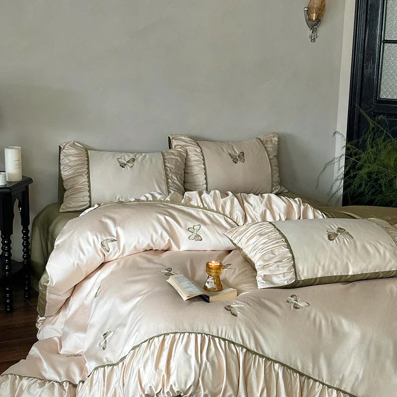 DecorBites™ Butterfly Embroidery 1000TC Egyptian Cotton Bedding Set with Duvet Cover, Sheet, Pillowcases