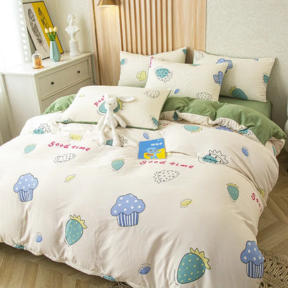 DecorBites™ Green Leaf Print Bedding Set: Duvet Cover, Flat Sheet & Pillowcase - Single Queen Size