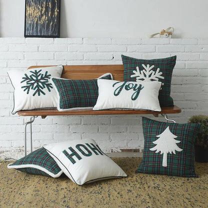 DecorBites™ Christmas Plaid Cotton Canvas Cushion Cover with Snowflake Embroidery