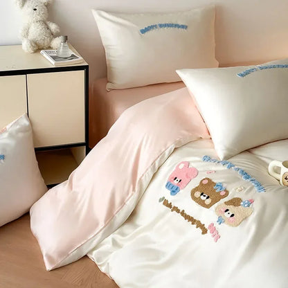 DecorBites™ Cartoon Embroidery Cotton Bedding Set - Summer Cool, Skin Friendly Flat Sheet Kit