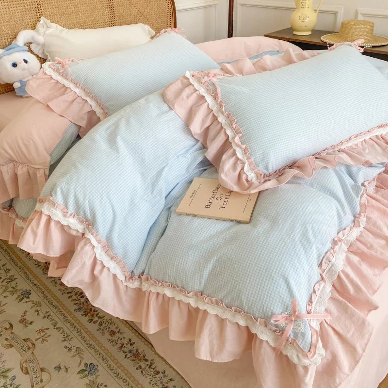 DecorBites™ Blue Pink Lattice Bedding Set: Princess Ruffles Bow, 100% Cotton Quilt Cover, Sheet, Pillowcases