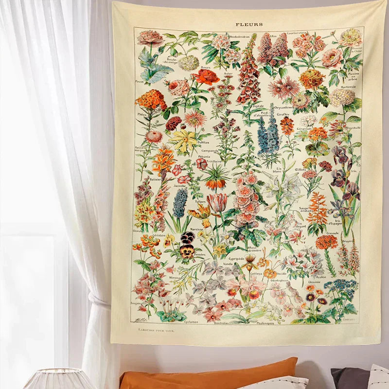 DecorBites™ Botanical Floral Tapestry Wall Hanging Garden Flower Illustration Cactus Boho Hippie Dorm Decor