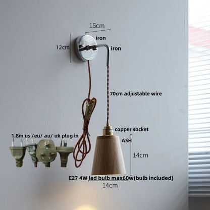 DecorBites™ Ash Wood LED Wall Light with Pull Chain Switch, Japanese Style Bedside Lamp
