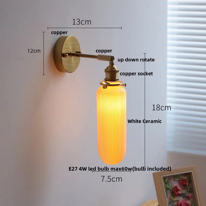 DecorBites™ Copper Canopy LED Wall Sconce, White Ceramic Bedside Light for Bedroom, Modern Nordic Design