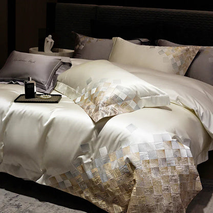 DecorBites™ 4-Piece Luxury Embroidery Bedding Set in Pearl White/Grey Satin Brocade Cotton