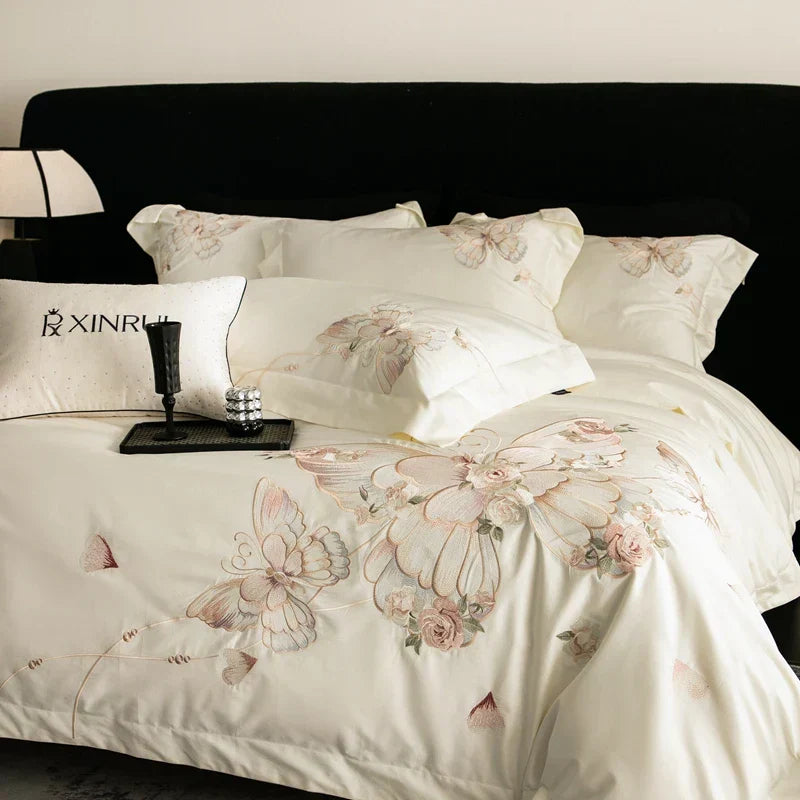 ™ Luxe Butterfly Flowers Embroidery Bedding Set 800TC Egyptian Cotton Duvet Covers Sheets Pillowcases