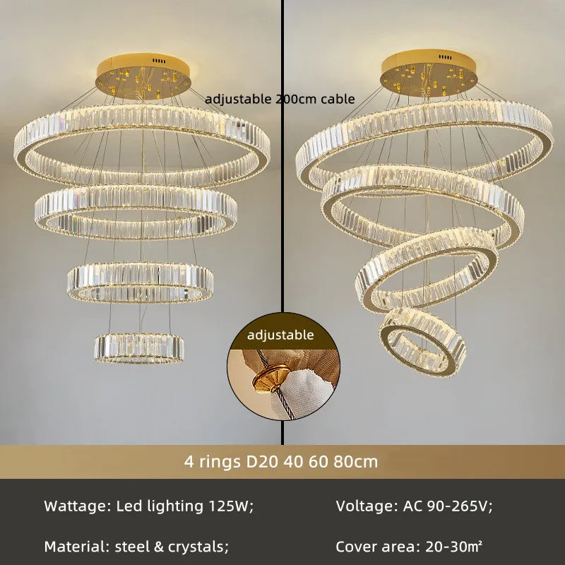DecorBites™ Crystal Circle LED Chandelier: Nordic Modern Stairs Pendant Lighting with Dimmable LED for Living Room