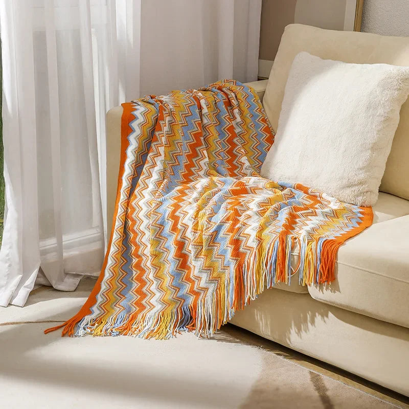 DecorBites™ Bohemian Stripe Throw Blanket with Tassels - Cozy Sofa or Bedspread Bushawl
