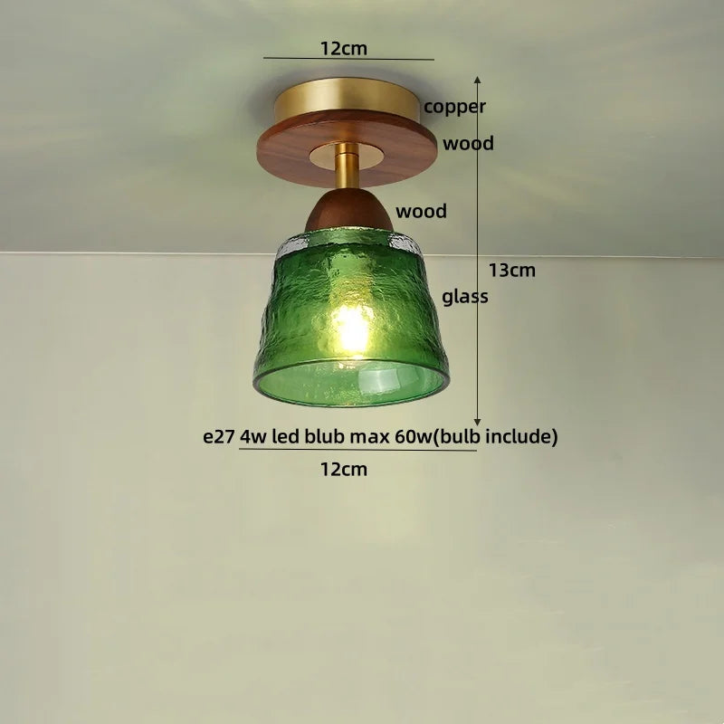 DecorBites™ Amber Glass Ceiling Lamp Wood Nordic Modern Bedroom Bathroom Light