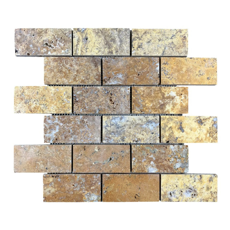 Scabos Travertine 2"x4" Brick Honed on 12" x 12" Mesh Mosaic Tile