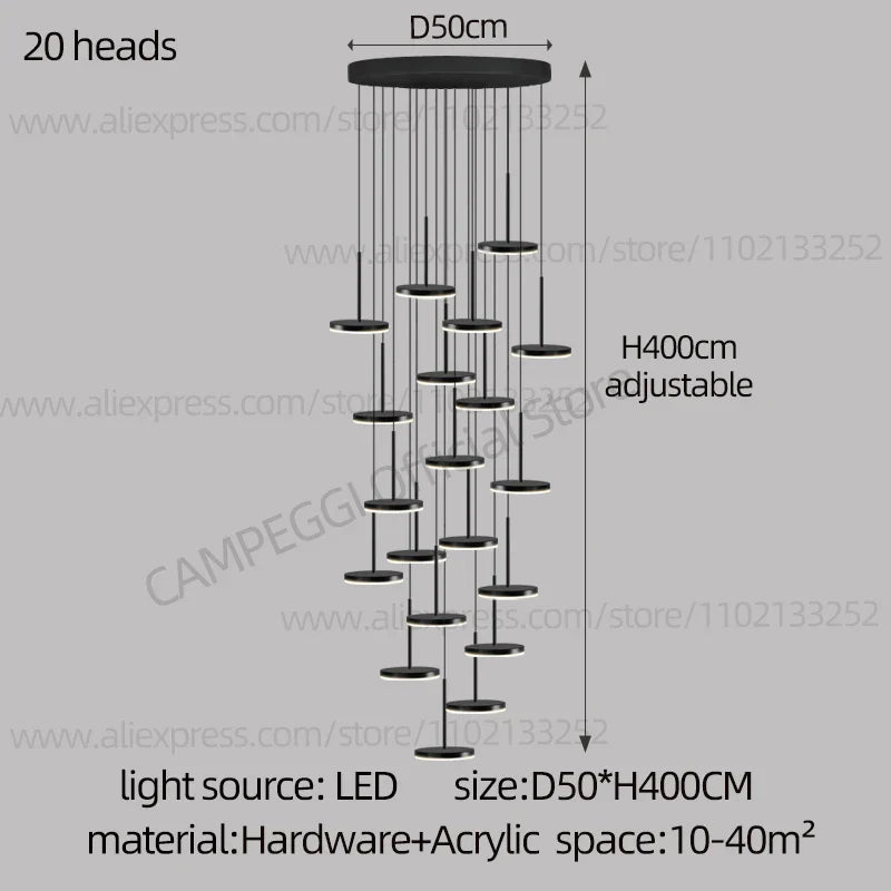 DecorBites™ Golden Black LED Long Chandelier for Home, Restaurant, and Cafe